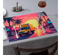 Kitchen And Dining A Yellow Truck Drives Down A Palm Tree-Lined Street During A Vibrant Sunset Dining Place Mats Easter Table Decorations Easter Table Decorations(1PCS)