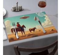 Kitchen And Dining Cowboy On Horseback In A Futuristic Landscape Dining Place Mats Washable Placemats Easter Table Decorations(1PCS)