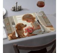 Kitchen And Dining Floral Wallpaper: A Little Girl And Her Puppy Dining Place Mats Washable Placemats Easter Table Decorations(1PCS)