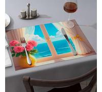 Kitchen And Dining Ocean View From The Window With Roses Dining Place Mats Washable Placemats Easter Table Decorations(6PCS)