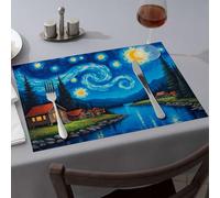 Kitchen And Dining Starry Night By The River Dining Place Mats Washable Placemats Easter Table Decorations(6PCS)