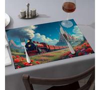 Kitchen And Dining Steam Train Journey Through A Flower-Filled Landscape Dining Place Mats Washable Placemats Easter Table Decorations(4PCS)