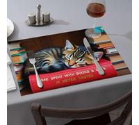 Kitchen And Dining Time Spent With Books And Cats Is Never Wasted Dining Place Mats Tablecloth Easter Table Decorations(4PCS)