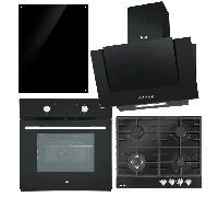 Kitchen Appliance Bundle - 60cm Oven, Black Glass Hob, Angled Chimney Hood & Splashback