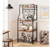 Kitchen Baker’s Rack, 4 Tier Kitchen Storage Rack Metal Frame, Microwave Oven Stand w/8 S Hooks, 2 Storage Shelves, 1 Metal Wire Panel, & Spice Rack, Industrial Free Standing Utility Shelf 60x40x130cm
