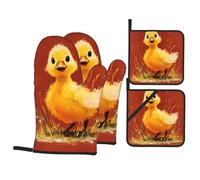 Kitchen baking 4-piece HHGFASD Happy Little Yellow Duck Pattern set with soft lining and thick insulation for kitchen cooking and outdoor barbecue