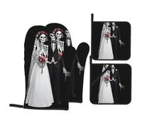 Kitchen baking 4-piece HHGFASD Happy skeleton couple Pattern set with soft lining and thick insulation for kitchen cooking and outdoor barbecue