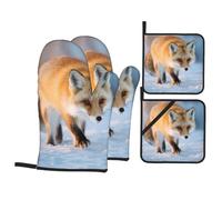 Kitchen baking 4-piece VVXBHGR The Fox Who Stepped on Snow Prints set with soft lining and thick insulation for kitchen cooking and outdoor barbecue