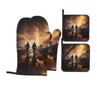 Kitchen Baking Four-piece Set WHJSSF Firefighters Fighting Fires Pattern Heat-Insulating and scalding-Proof for Kitchen Baking and Outdoor Barbecue