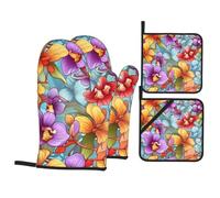 Kitchen baking gloves pot holder set of 4 WHJSSF colorful orchids Printed thickened practical anti-scalding heat insulation for kitchen baking