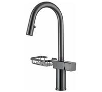 Kitchen Bath Taps Pull Down Sink Faucet High Arc Swivel Faucets with 2 Function Pull Out Sprayer Solid Brass Deck Mounted Single Hole Mixer with Soap Drainer Shelf,Gun Gray