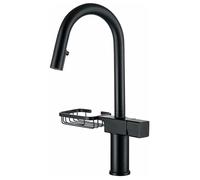 Kitchen Bath Taps Pull Down Sink Faucet High Arc Swivel Faucets with 2 Function Pull Out Sprayer Solid Brass Deck Mounted Single Hole Mixer with Soap Drainer Shelf,Black