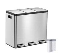 Kitchen Bin, 3 x 18 L Recycling Bin, 3 Compartment Rubbish Bin for Recycling and Waste, Soft-Close Lids, Pedals, Inner Buckets, Steel, Stainless Steel Pedal Bin Trash Can with 15 Liners Silver