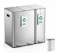 Kitchen Bin,40L Double Bin+20L Single Bin,Tall Slim 60L Stainless Steel Pedal Bin,Dual Bin Rubbish Recycling with Soft-Close Lids and Inner Buckets,Odour Seal,Trash Can for Narrow Space,Metal Silver