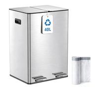 Kitchen Bin, 40L Double Bin, Tall Slim 2 x 20L Stainless Steel Pedal Bin, Dual Bin Rubbish Recycling with Soft-Close Lids and Plastic Inner Buckets, Trash Can for Narrow Spaces, Metal Silver