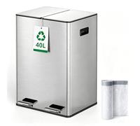Kitchen Bin,40L Dual Rubbish Bin,2 x 20L Stainless Steel Pedal Bin,Double Bin Recycling with Soft-Close Lids and Plastic Inner Buckets,Fingerprint Proof,Odour Seal,Large Capacity, Stylish Silver