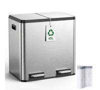 Kitchen Bin,40L Dual Rubbish Bin,2 x 20L Stainless Steel Pedal Bin,Double Bin Recycling with Soft-Close Lids and Plastic Inner Buckets,Fingerprint Proof,Odour Seal,Large Capacity,Space Silver