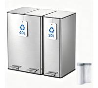 Kitchen Bin,40L Dual Rubbish Bin+20L Single Bin,Tall Slim 60L Stainless Steel Pedal Bin,Double Bin Recycling with Soft-Close Lids and Inner Buckets,Odour Seal,Trash Can for Narrow Space, Space Silver