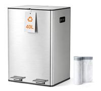 Kitchen Bin,40L Dual Rubbish Bin,Tall Slim 2 x 20L Stainless Steel Pedal Bin,Double Bin Recycling with Soft-Close Lids and Plastic Inner Buckets,Odour Seal, Trash Can for Narrow Spaces, Space Silver