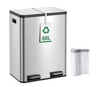 Kitchen Bin,60L Dual Rubbish Bin,2 x 30L Stainless Steel Pedal Bin,Double Bin Recycling with Soft-Close Lids and Plastic Inner Buckets,Fingerprint Proof,Odour Seal,Large Capacity, Metal Silver