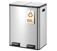 Kitchen Bin,60L Dual Rubbish Bin,2 x 30L Stainless Steel Pedal Bin,Double Bin Recycling with Soft-Close Lids and Plastic Inner Buckets,Fingerprint Proof,Odour Seal,Large Capacity, Matte Silver