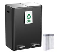 Kitchen Bin,60L Dual Rubbish Bin,2 x 30L Stainless Steel Pedal Bin,Double Bin Recycling with Soft-Close Lids and Plastic Inner Buckets,Fingerprint Proof,Odour Seal,Large Capacity, Matte Black