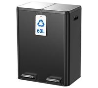 Kitchen Bin,60L Dual Rubbish Bin,2 x 30L Stainless Steel Pedal Bin,Double Bin Recycling with Soft-Close Lids and Plastic Inner Buckets,Fingerprint Proof,Odour Seal,Large Capacity, Space Black