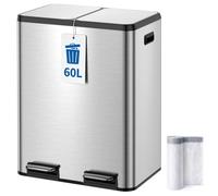 Kitchen Bin,60L Dual Rubbish Bin,2 x 30L Stainless Steel Pedal Bin,Double Bin Recycling with Soft-Close Lids and Plastic Inner Buckets,Fingerprint Proof,Odour Seal,Large Capacity,Mist Silver