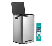 SONGMICS Kitchen Bin 50 L, with 15 Bin Bags, Stainless Steel, Removable Plastic Inner Bucket, with Lid, Handles, Soft Close, Silver LTB595E01