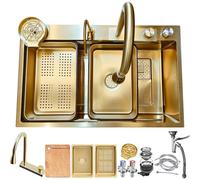 Kitchen Black Waterfall, Stainless Steel Left Faucet, Multifunctional Single Bowl 50Cm Large Workstation with Pull-Out Siphon, Overflow and Drain s/D#01A/80 * 50Cm