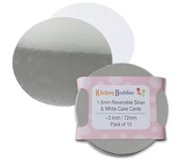 Kitchen Buddies ~3 Inch / 72mm Round Reversible Silver & White Cut Edge Cake Cards - 1.5mm Thick | Circle Cake Boards Perfect For Sponges & Desserts (10 Pack)