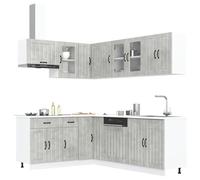 Kitchen cabinet set 11pc Concrete grey engineered wood & glass, 80cm sink corner
