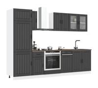 Kitchen cabinet set 8pc Black Engineered Wood & Glass Modular Storage 60-207cm.