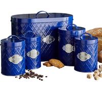 Neo Embossed Diamond Hexagonal Metal Metallic Badge 5 Kitchen Countertop Canisters Jars Tins Set Tea Coffee Sugar Biscuit Bread Bin Box Food Storage Organiser (Navy)