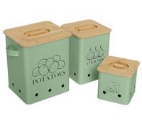 Kitchen Canisters Set, Storage Bin for Potato Onion & Garlic, 3 Pack Set Countertop Pots Containers with Wooden Lid - Potato Storage, Garlic Bin, Onion Keeper Tin with Aerating Holes-Green