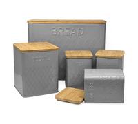 Kitchen Canisters Tea Coffee Sugar Biscuits Bread | Grey Bread Bin with Bamboo Lids | Canisters Sets for The Kitchen Airtight | Tea Coffee Sugar Bread Bin Sets (5 Pieces)