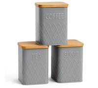 Kitchen Canisters Tea Coffee Sugar with Bamboo Lids | Canisters Sets for The Kitchen Airtight | Tea Coffee Sugar Bin Sets Grey 3 Pieces