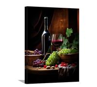 Kitchen Canvas Wall Art Red Wine Bottles Galsses & Grapes on a Table Picture for Dining Room Wall Decor Vintage Still Life Print Painting for Bar Pub Decor,Framed