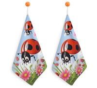 Kitchen Cartoon Ladybug Flower Hand Towels with Hanging Loops, Highly Absorbent & Quick Drying Towels for Kitchen Bathroom, Microfiber Cleaning Cloth, Dish Towel, Tea Towel Decorative, Dish Rag(12x12)