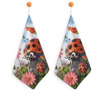 Kitchen Cartoon Ladybug Flower Hand Towels with Hanging Loops, Highly Absorbent & Quick Drying Towels for Kitchen Bathroom, Microfiber Cleaning Cloth, Dish Towel, Tea Towel Decorative, Dish Rag(12x12)