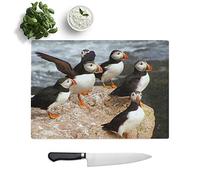 Kitchen Chopping Board Glass - Atlantic Puffin Birds - Textured Worktop Saver Cutting Board - Heat Resistant, Shatterproof and Hygenic - 39 x 28.5 cm