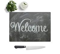 Kitchen Chopping Board Glass - Welcome Sign Chalk Board - Textured Worktop Saver Cutting Board - Heat Resistant, Shatterproof and Hygenic - 39 x 28.5 cm