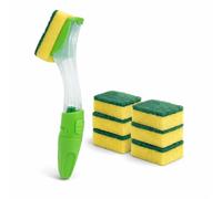 Kitchen Cleaning Sponge Heavy Duty Fillable Washing Up Brush with Sponge Dishwashing Soap Dispensing Dish Brush with Ergonomic Handle Elbow Grease Refillable Dish Cleaning Brush with 6 Refills Sponges