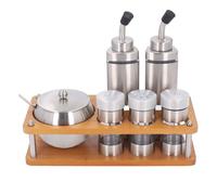 Kitchen Condiment Dispenser Set, Stainless Steel Construction with Wooden Base, Comprising Salt Shaker, Ground Mill and Oil/Vinegar Dispensers. Essential for Cooking