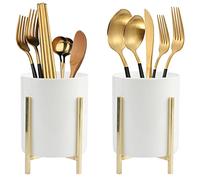 Kitchen Cooking Utensil Holder, 2 Pcs Ceramic Flatware Caddy with Gold Metal Bracket, Chic & Modern Kitchen Utensil Holder for Countertop, Rustic Cooking Utensil Crock for Farmhouse Kitchen Décor