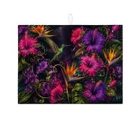 Kitchen Counter Drying Mat, Tropical Hibiscus, Peach Purple, Floral Absorbent Drying Rack, Summer Microfiber Drying Mat for Coffee Bar, 18 x 24 Inch