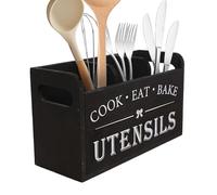 Kitchen Counter Utensil Holder, Wooden Storage Box, 3-Compartment Organizer Design, Rustic Cooking Tools Container, Ideal for Forks, Chopsticks, Spoons, Tabletop or Countertop Use