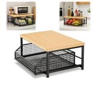 Kitchen Countertop Organizer with Drawer and Basket, Counter Top Storage Rack, 2 Tier Wooden Spice Shelf for Coffee Station, Condiments, Pantry, Bathroom, Desk,Black