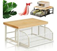 Kitchen Countertop Organizer with Drawers & Wire Basket, 2-Tier Hardwood Shelf Kitchen Counter Storage, Shelf Sliding Drawer Organizer for Microwave & Coffee Maker, Space Saving (c)
