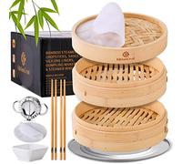 KITCHEN CRUST Bamboo Steamer Basket for Chinese Asian Cuisine,2 Tier 10-Inch Steaming Basket Bao Bun Vegetable Steamer, Dumpling Steamer bamboo steam basket, Sauce Dish, Reusable Liners, Ring